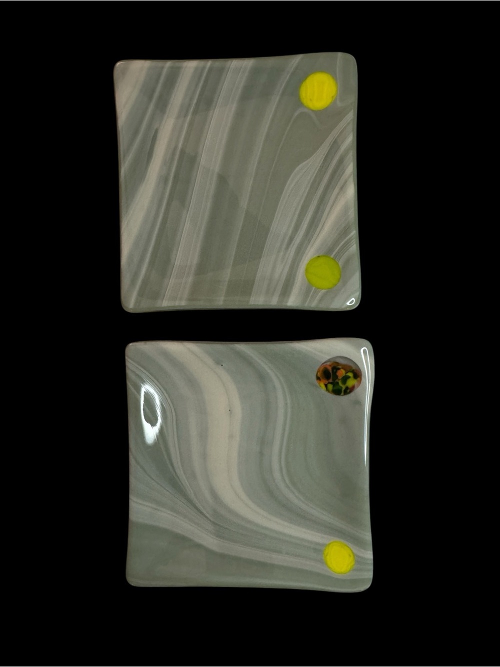 Handmade Art Glass Gray Swirl Fused Glass Accent Plates with Yellow Dots
